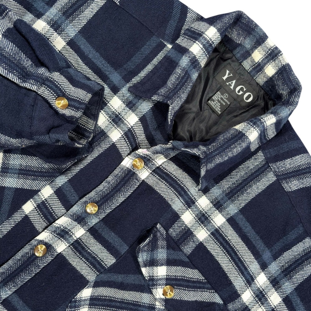YAGO Quilted Flannel Shirt Jacket Shacket Mens L Navy Blue White Plaid Lined Y2K